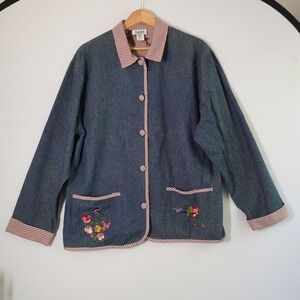 Teddi Embroidered Denim Jacket Floral Pockets Gingham Trim Button Up Large 90s‎